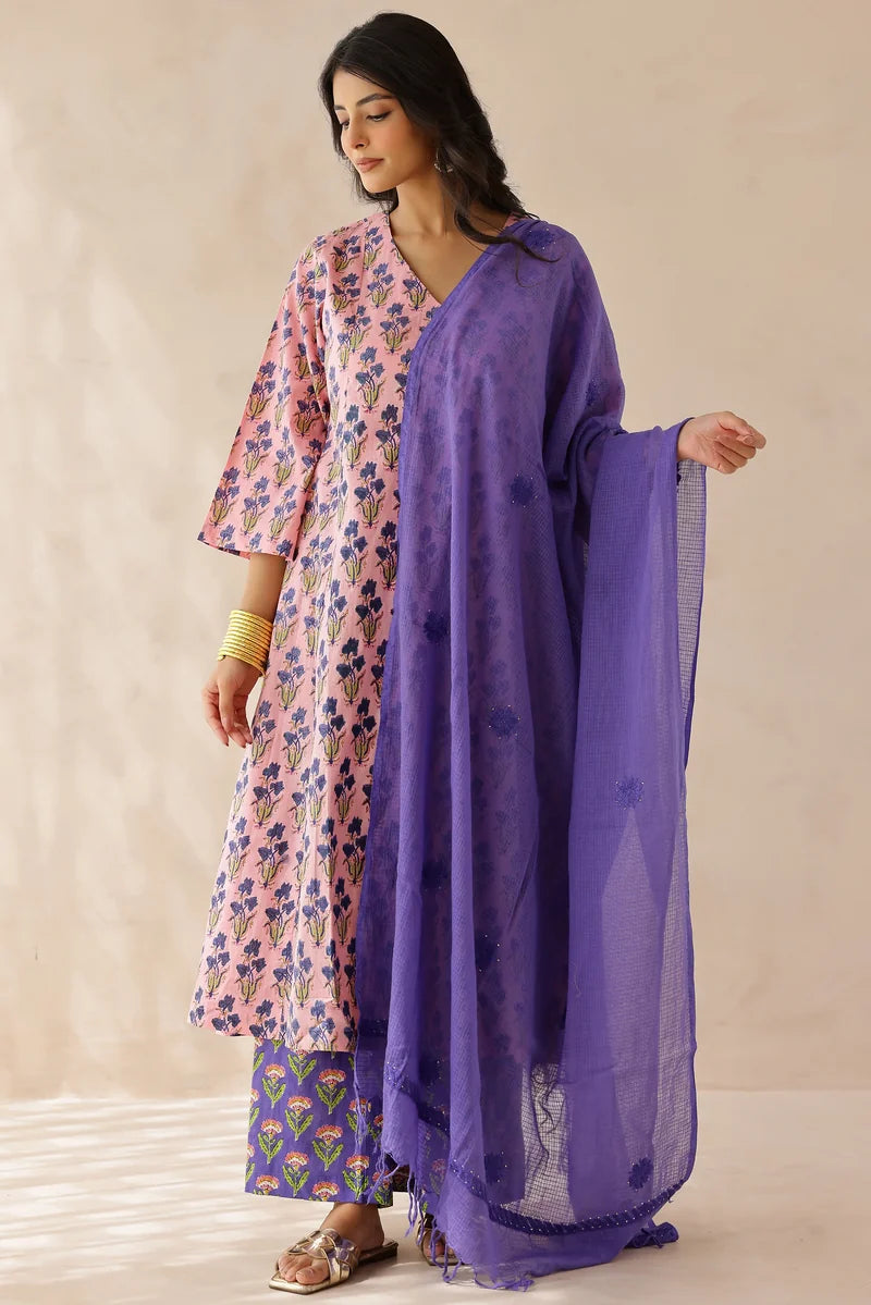Pink Printed Cotton Suit- Set of 3