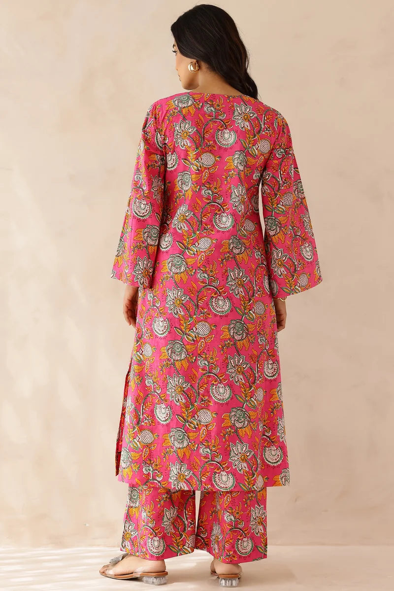 Pink Printed Cotton Kurta with Palazzo- Set of 2