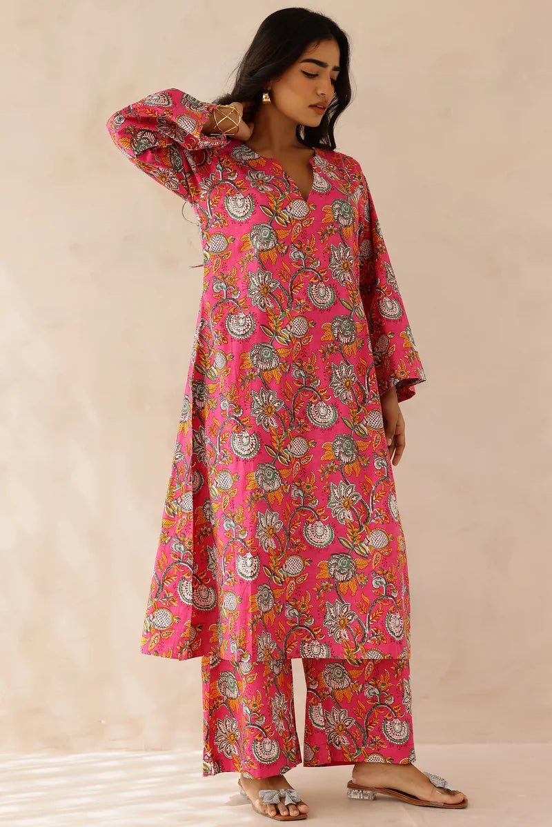 Pink Printed Cotton Kurta with Palazzo- Set of 2