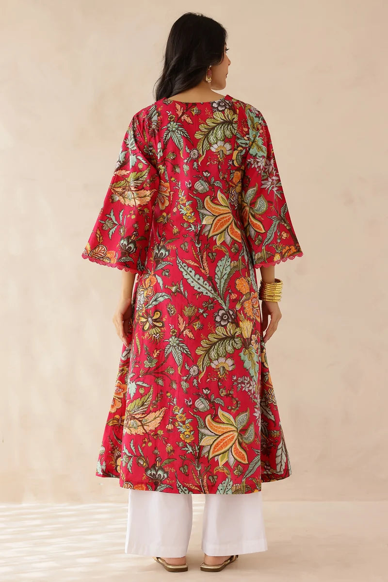 Pink Printed Kurta with Pants- Set of 2