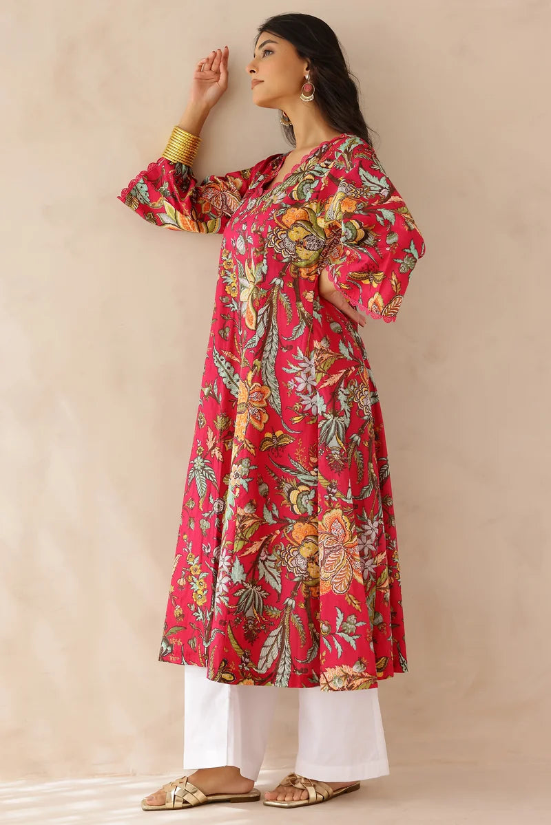 Pink Printed Kurta with Pants- Set of 2