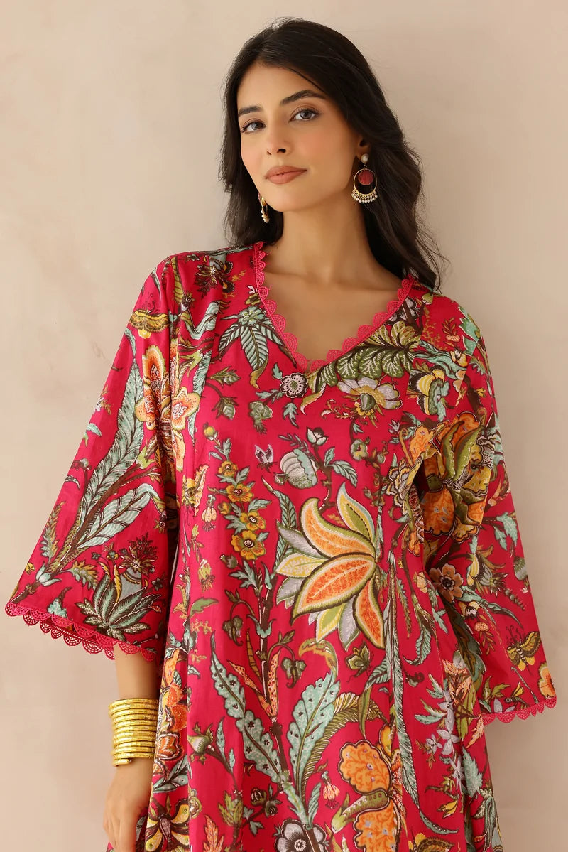 Pink Printed Kurta with Pants- Set of 2