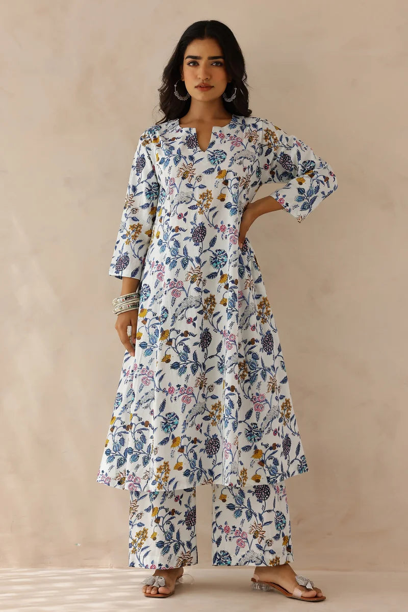 White Blue Floral Printed Kurta with Palazzo- Set of 2