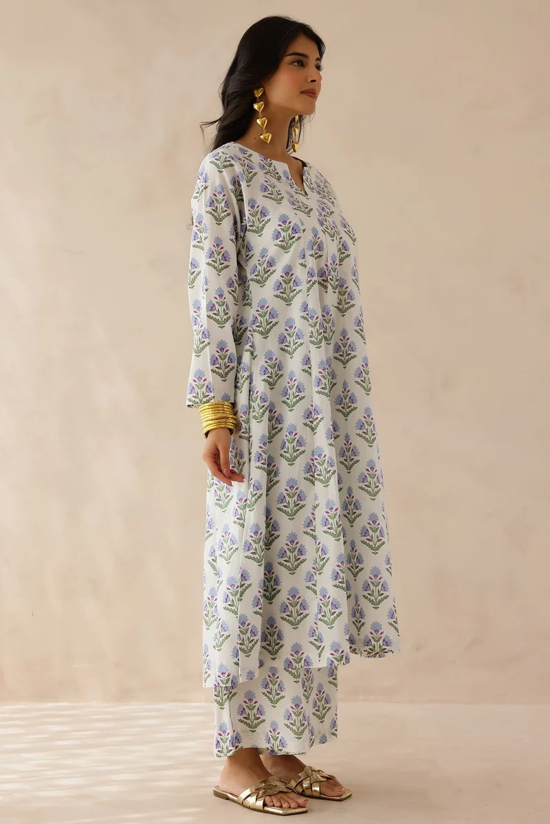 White Blue Printed Kurta with Palazzo- Set of 2