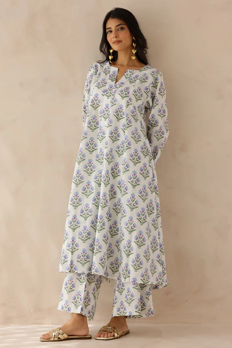 White Blue Printed Kurta with Palazzo- Set of 2