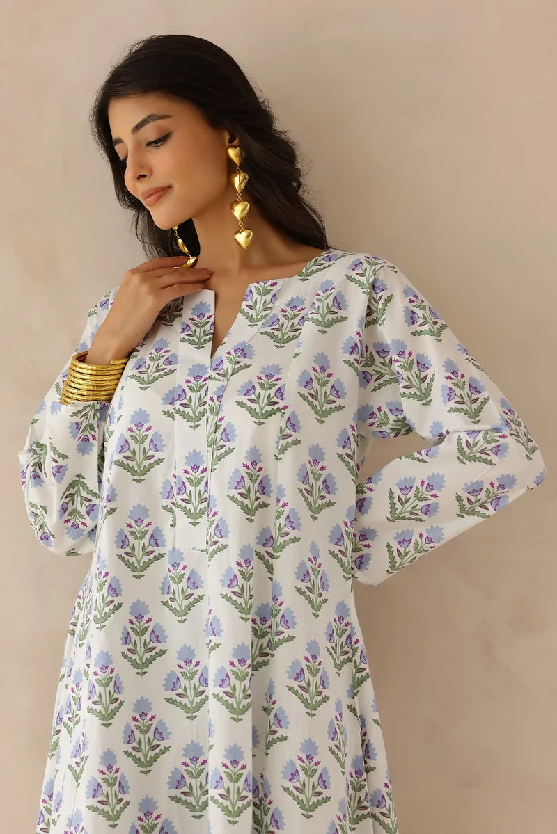 White Blue Printed Kurta with Palazzo- Set of 2