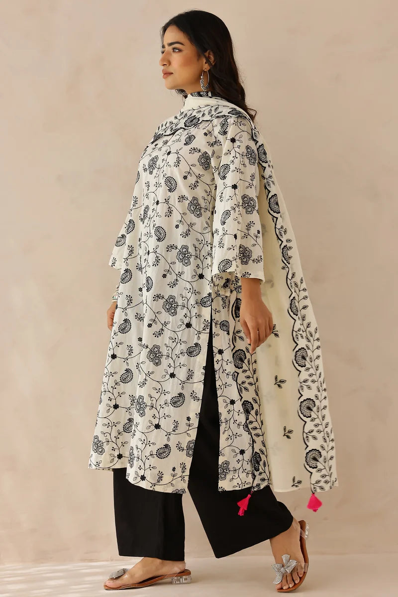 Ivory Embroidered Cotton Suit - Set of 3