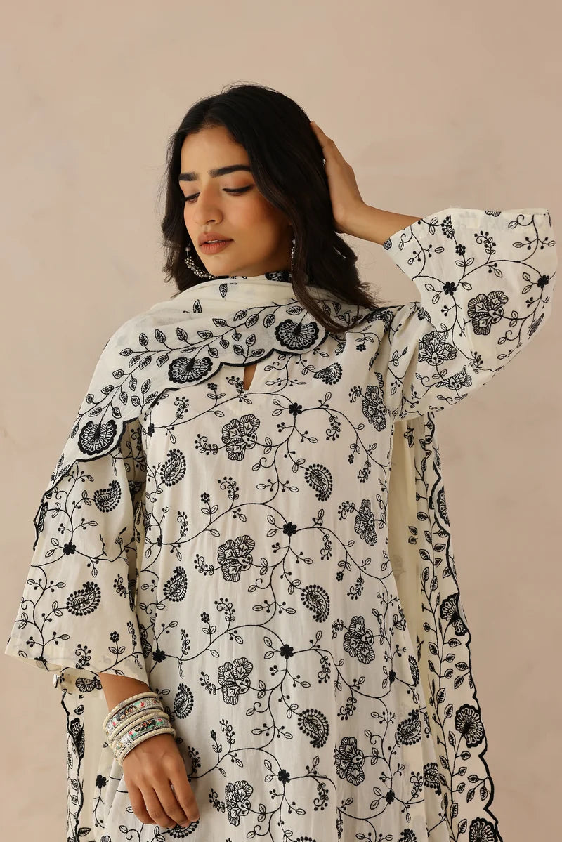 Ivory Embroidered Cotton Suit - Set of 3