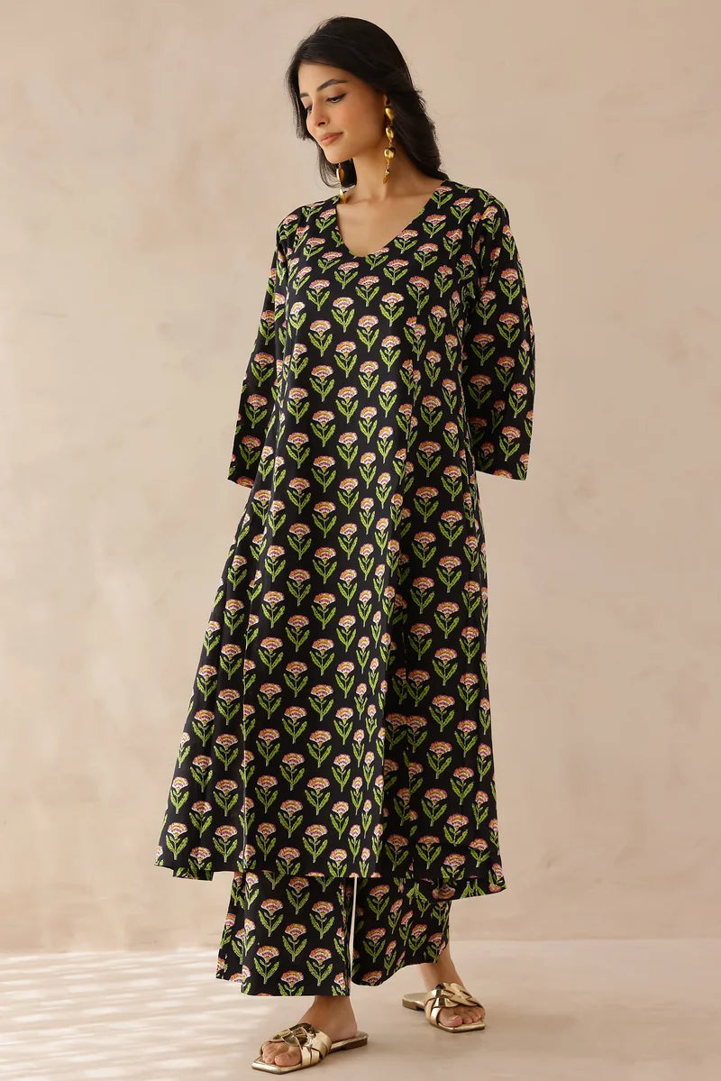Black Printed Kurta with Palazzo- Set of 2