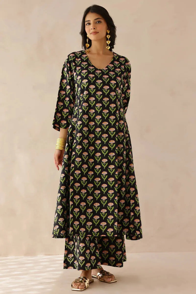 Black Printed Kurta with Palazzo- Set of 2