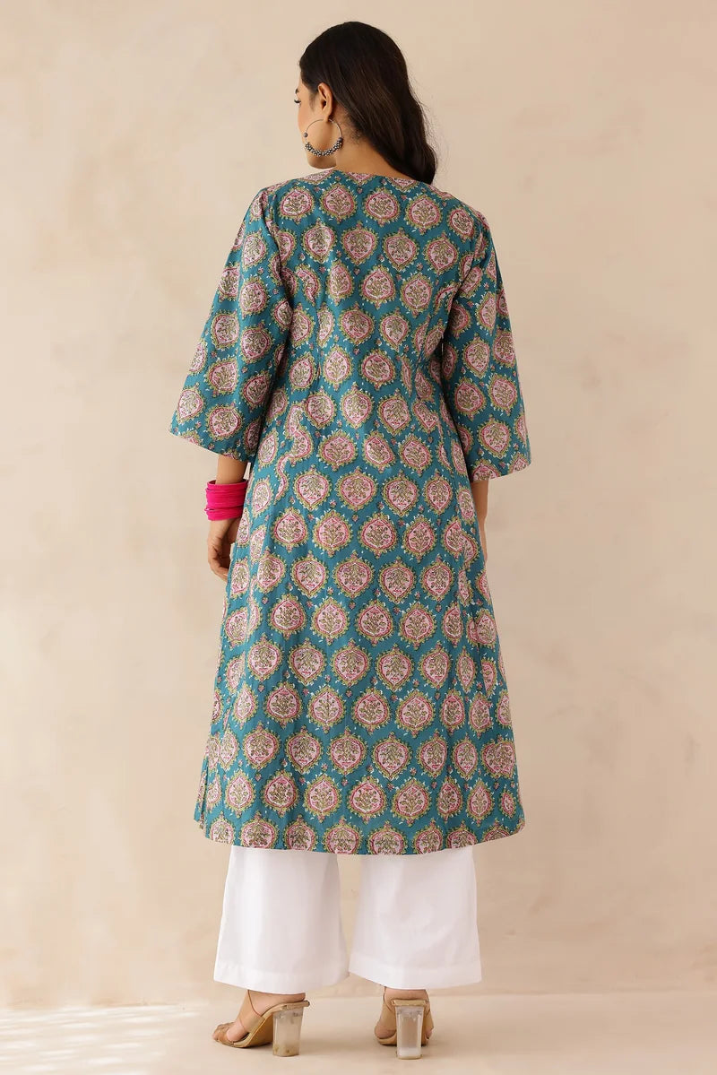 Blue Printed Kurta with Pants- Set of 2