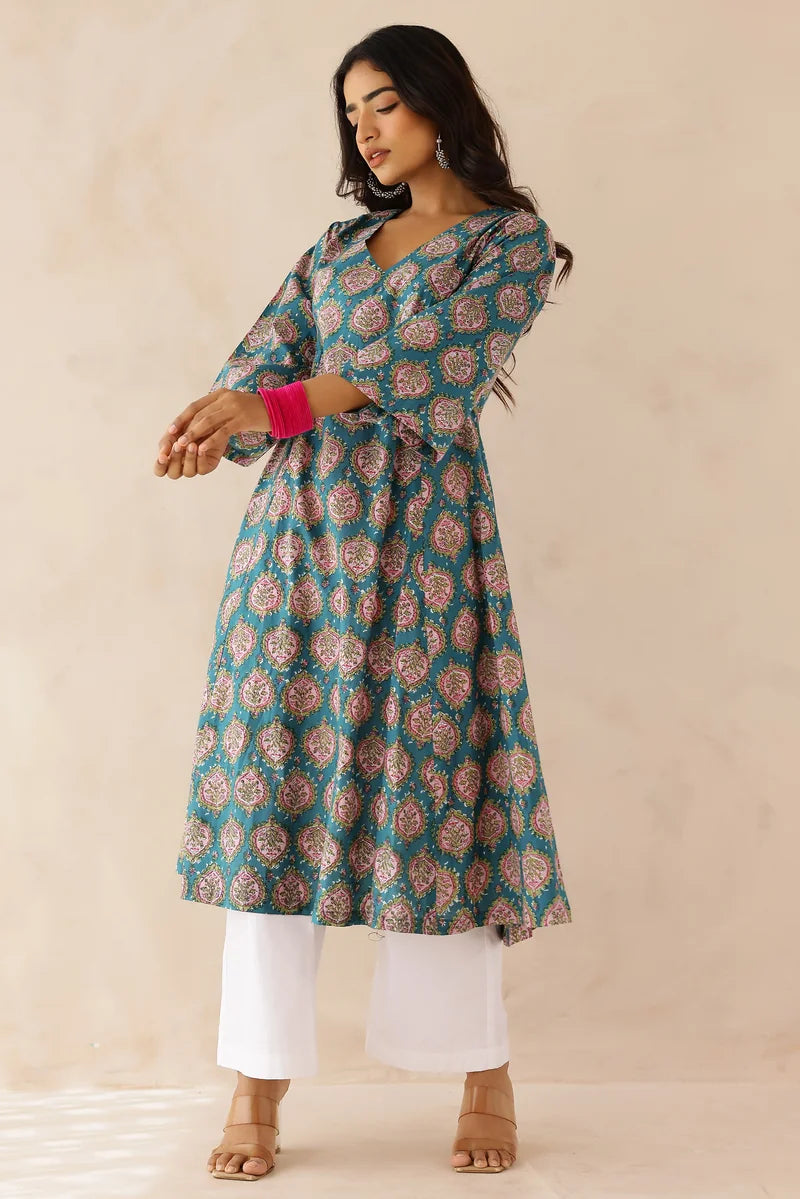Blue Printed Kurta with Pants- Set of 2