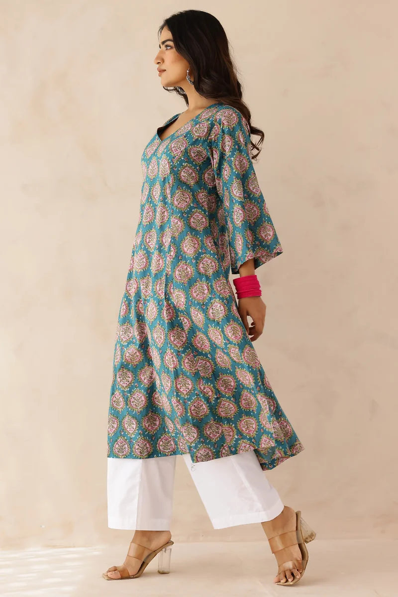 Blue Printed Kurta with Pants- Set of 2