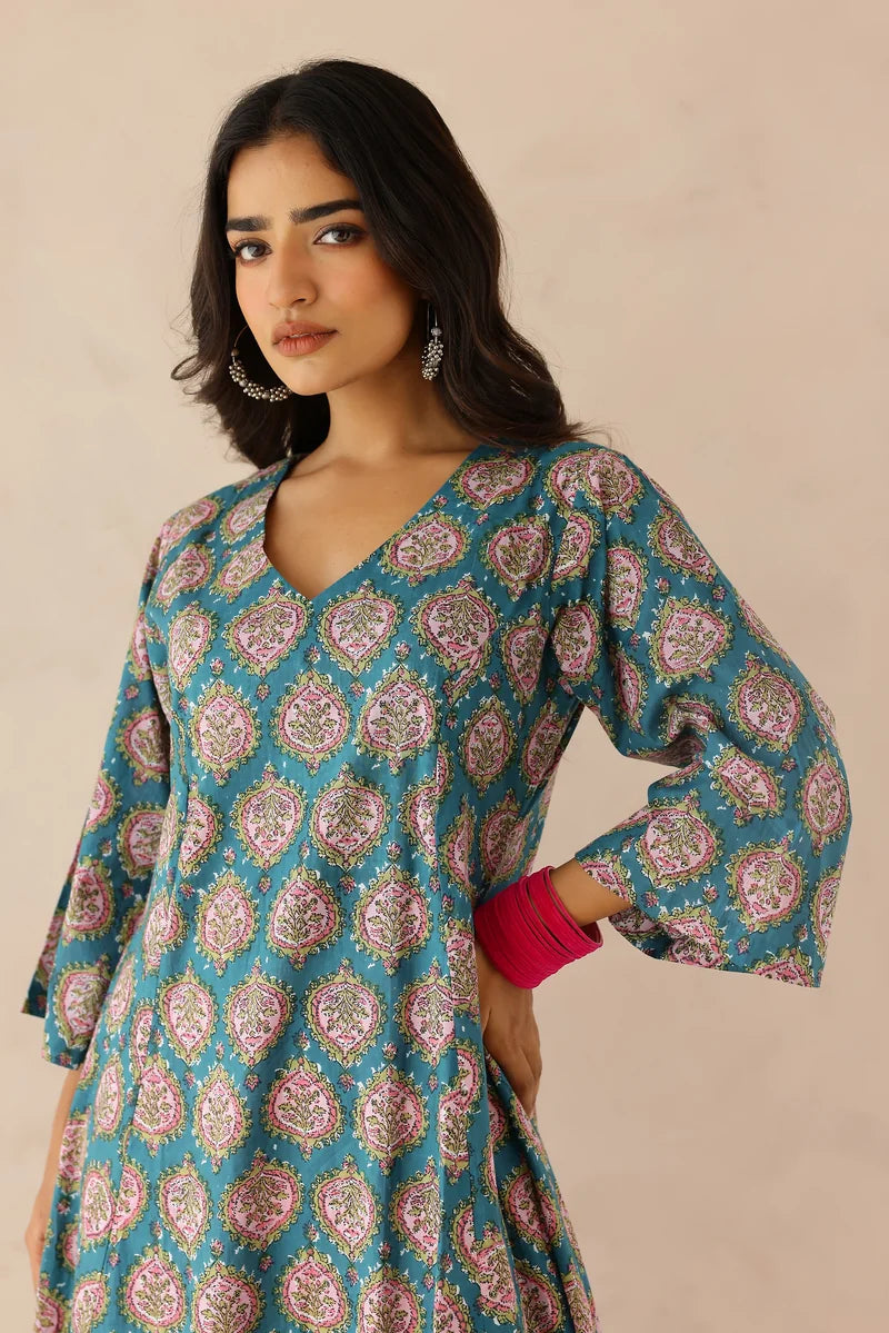 Blue Printed Kurta with Pants- Set of 2