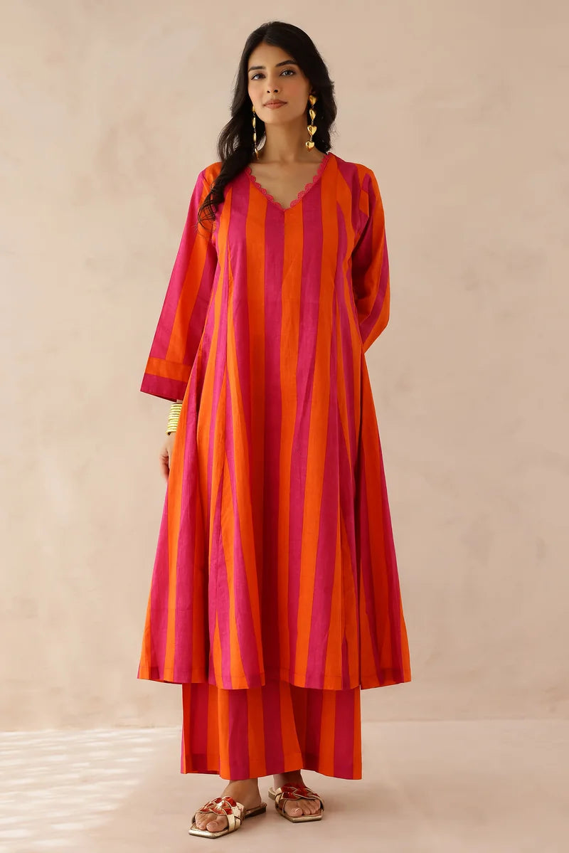 Orange Pink Striped Kurta with Palazzo- Set of 2
