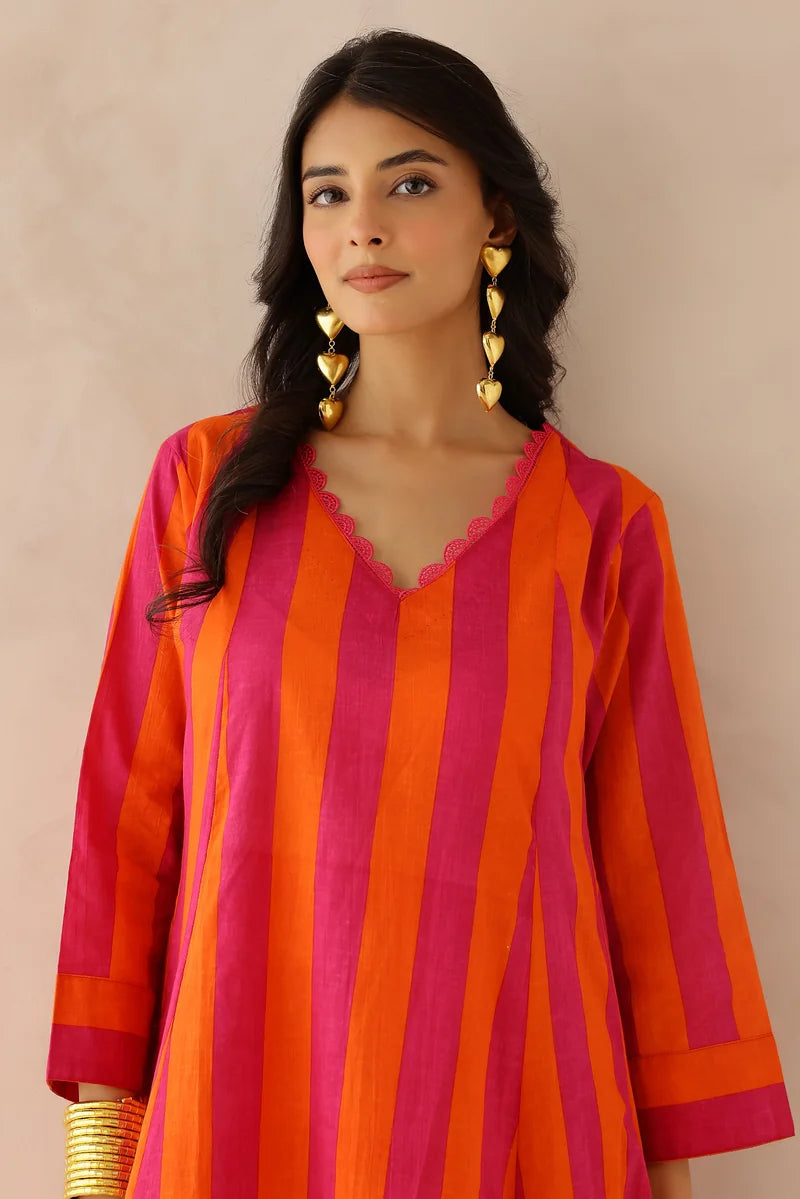 Orange Pink Striped Kurta with Palazzo- Set of 2
