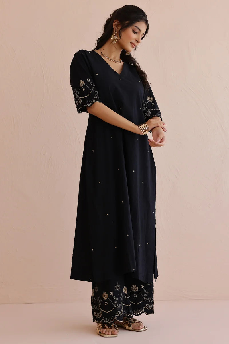 Black Embroidered Kurta with Pants - Set of 2