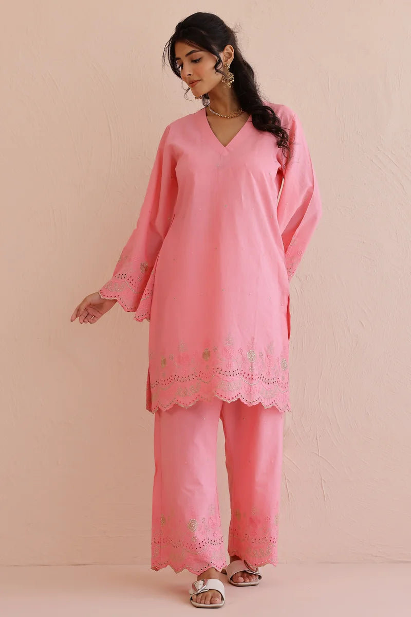 Pink Embroidered Kurta with Pants - Set of 2