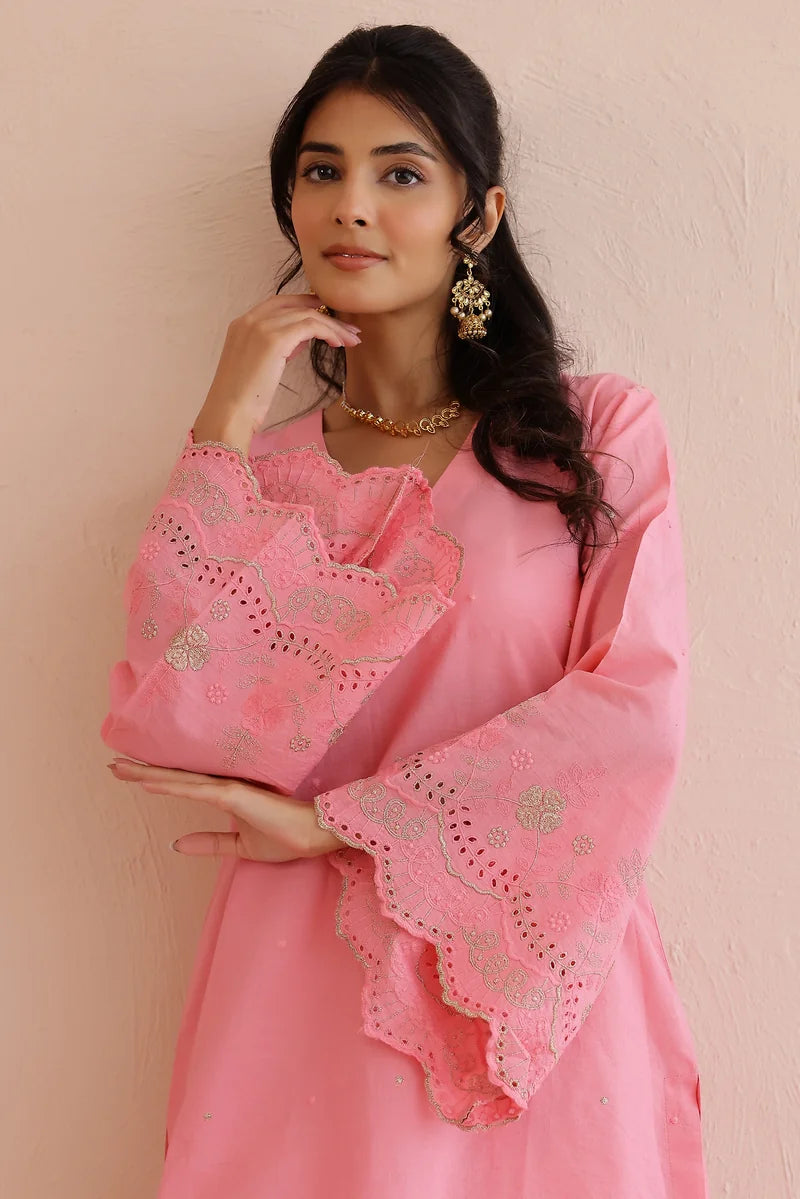 Pink Embroidered Kurta with Pants - Set of 2