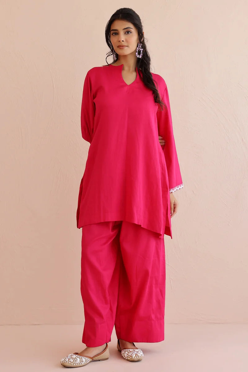 Pink Cotton Kurta with Farshi Salwar - Set of 2