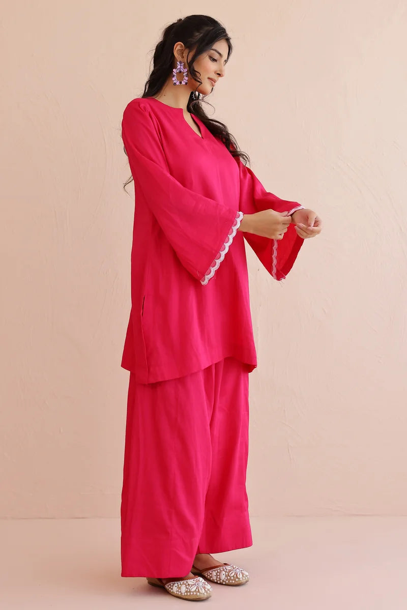 Pink Cotton Kurta with Farshi Salwar - Set of 2