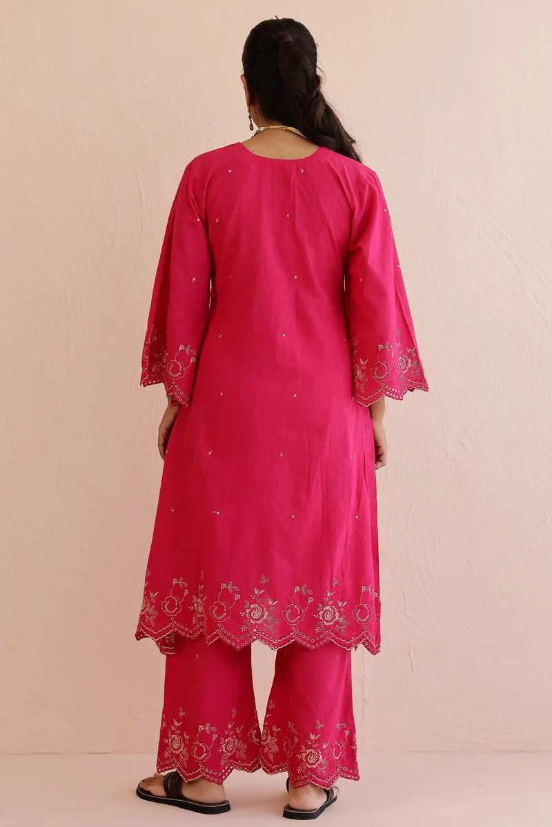 Pink Embroidered Kurta with Pants - Set of 2