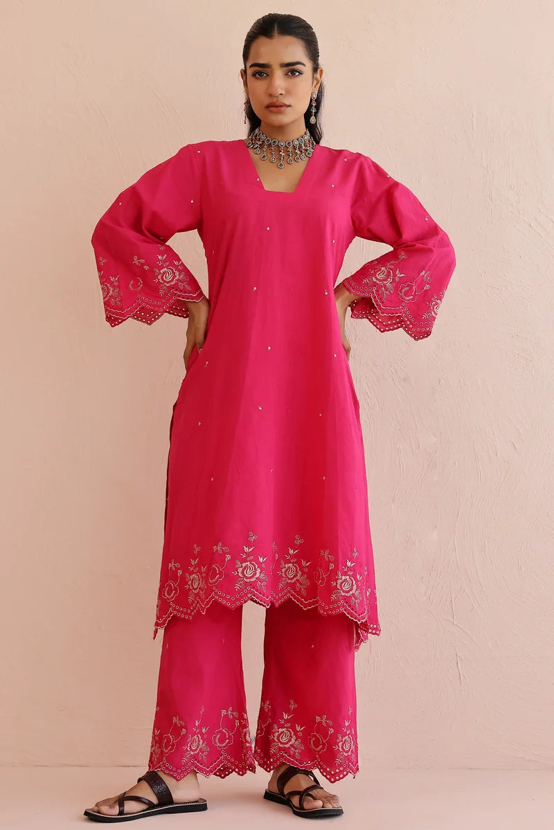 Pink Embroidered Kurta with Pants - Set of 2
