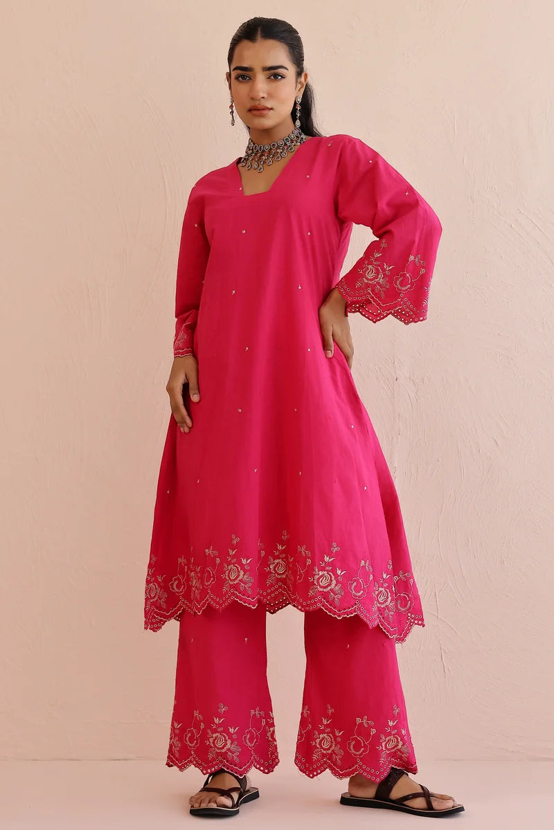 Pink Embroidered Kurta with Pants - Set of 2