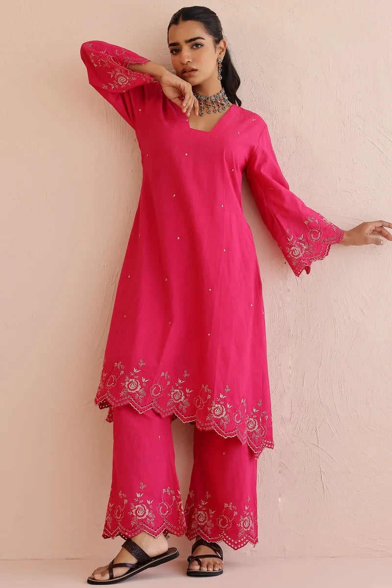 Pink Embroidered Kurta with Pants - Set of 2