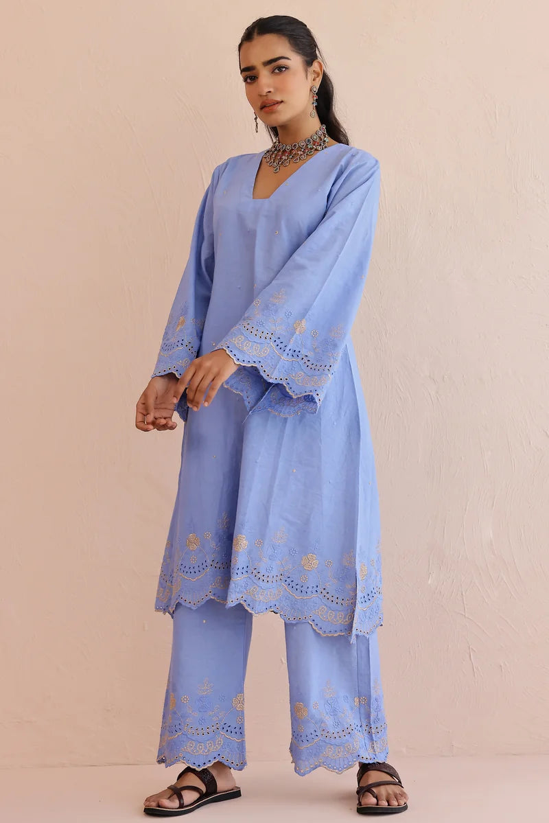Blue Embroidered Kurta Set - Set of 2