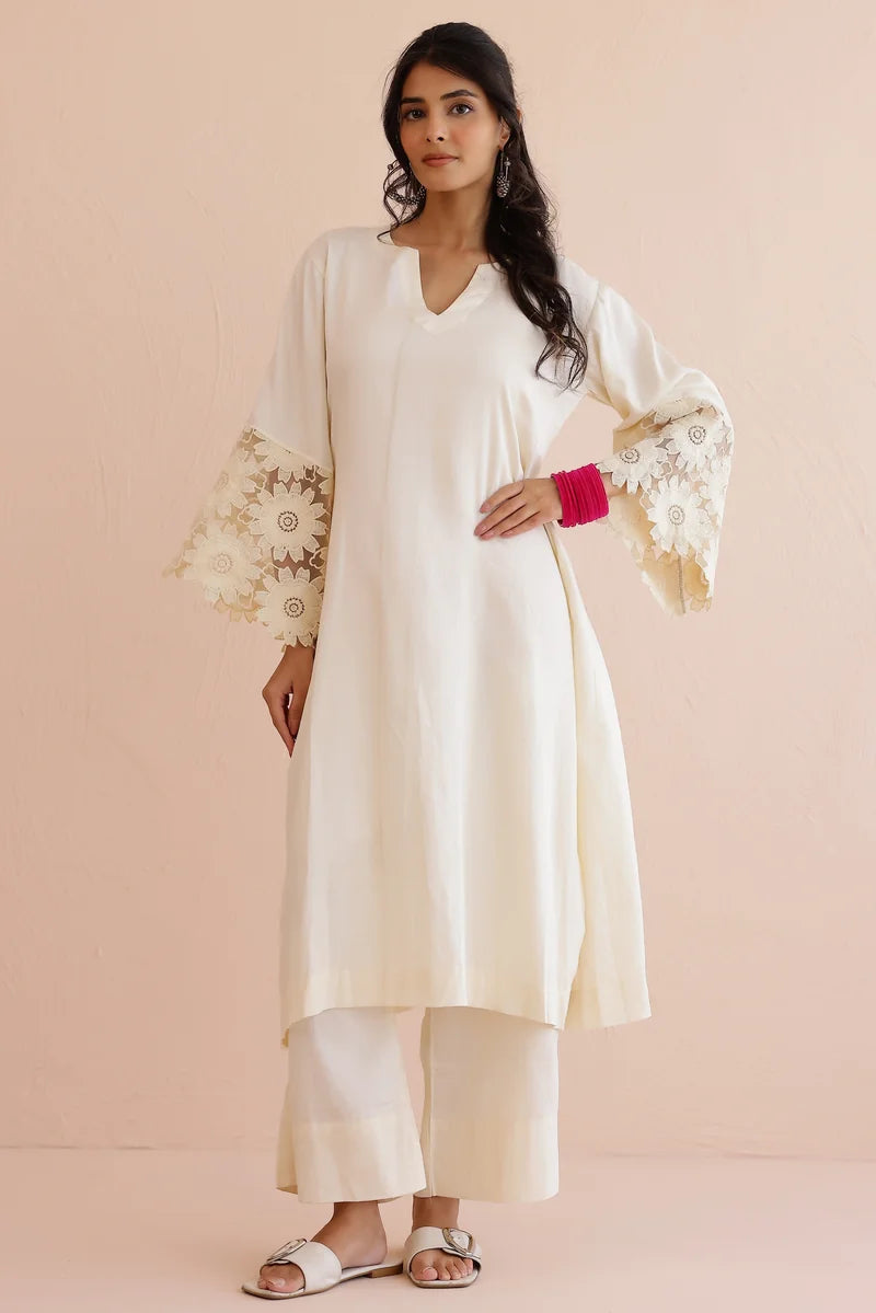 Ivory Cotton Kurta with Pants - Set of 2