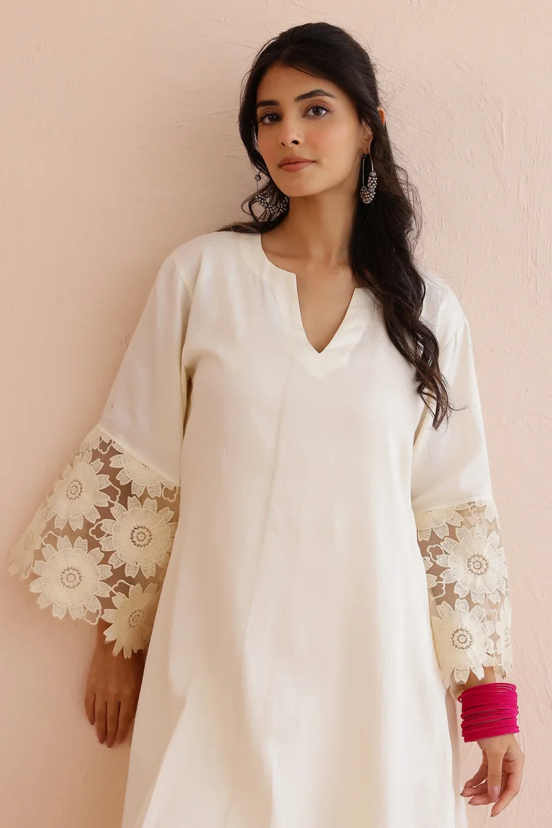 Ivory Cotton Kurta with Pants - Set of 2