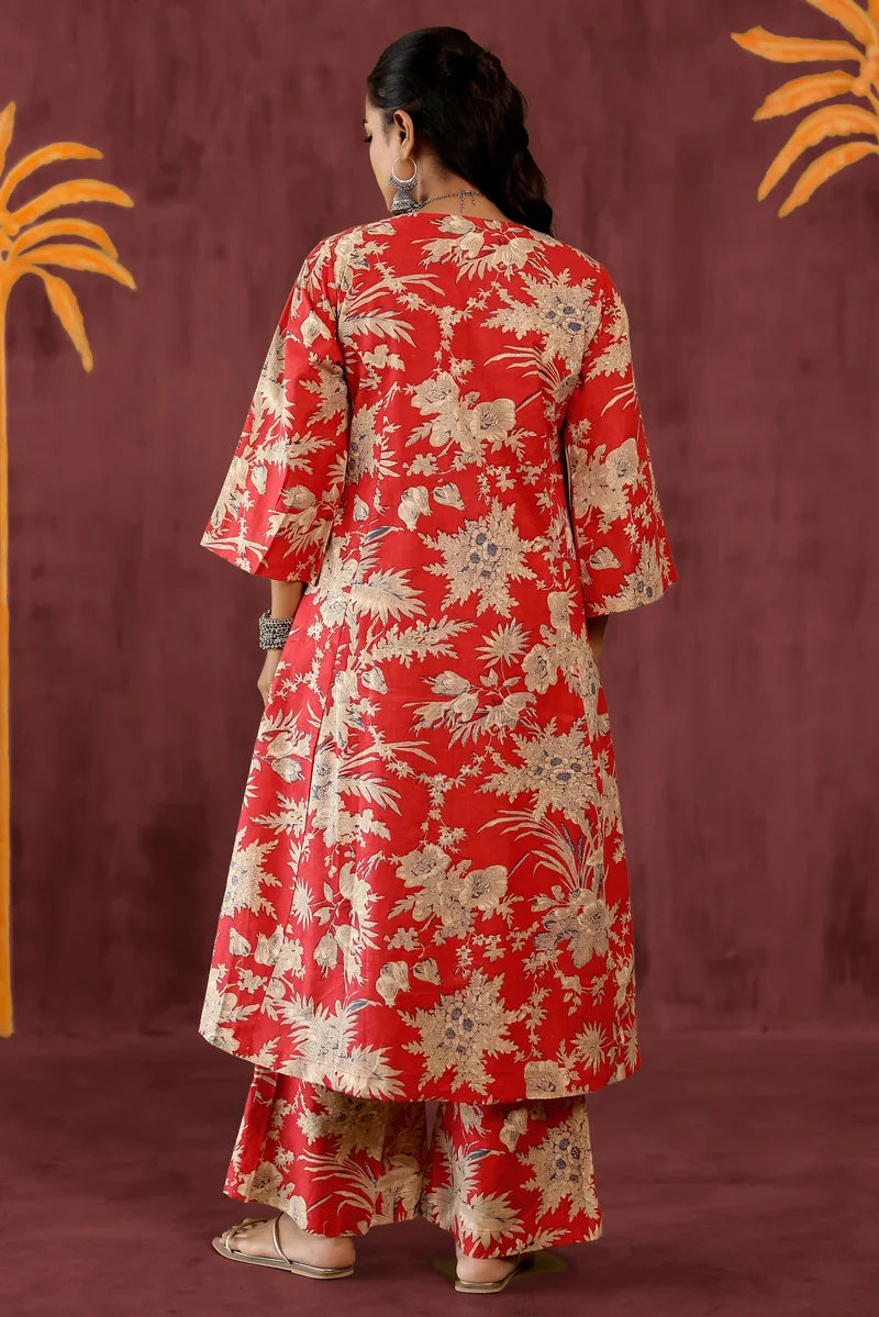 Red Beige Kurta with Pants - Set of 2