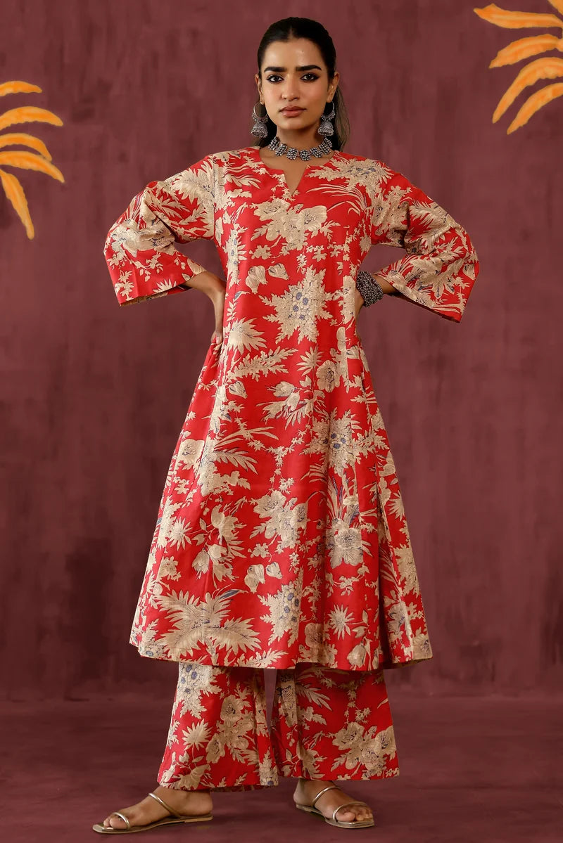 Red Beige Kurta with Pants - Set of 2