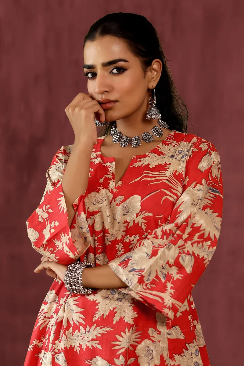 Red Beige Kurta with Pants - Set of 2