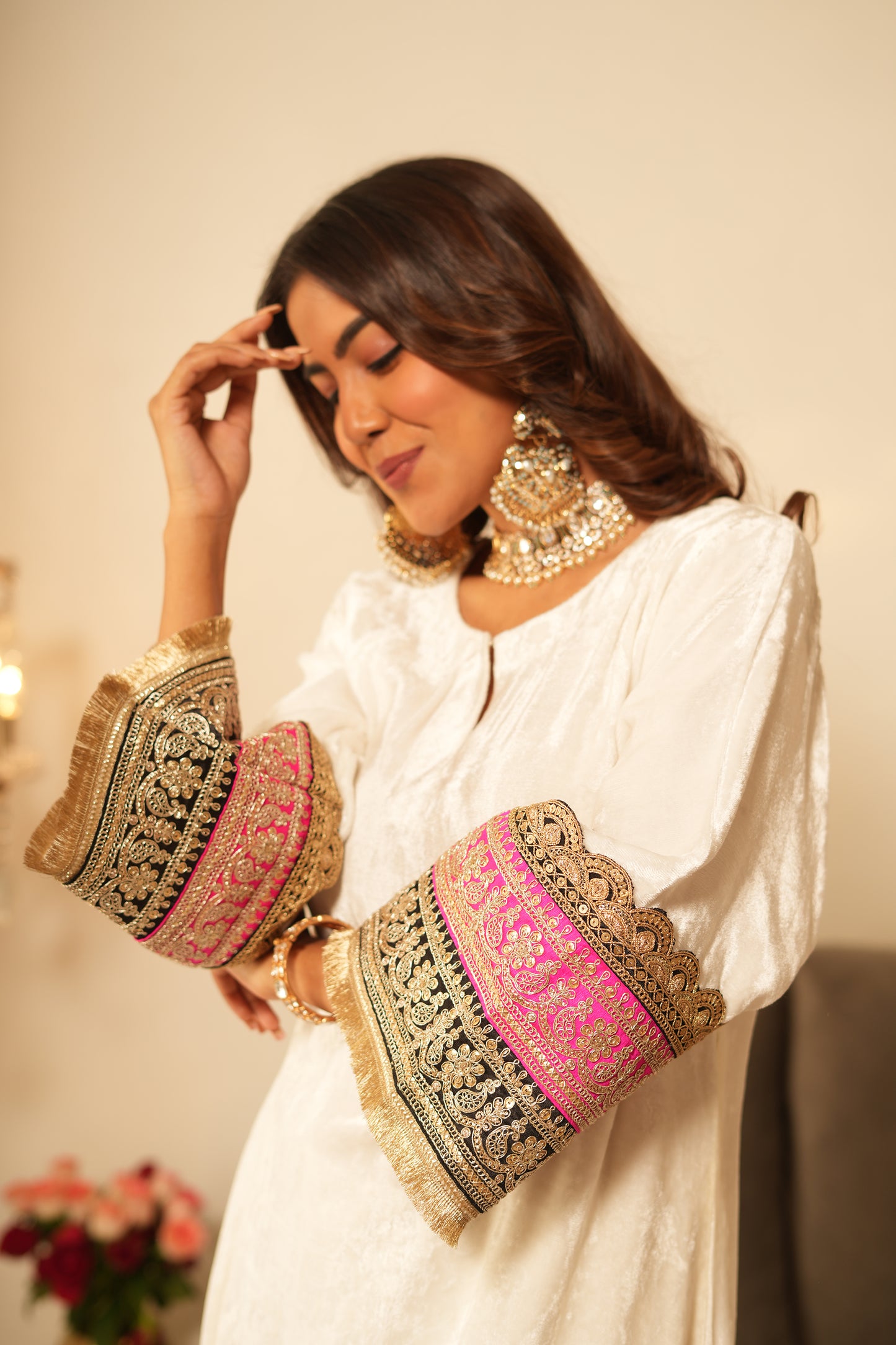 Ivory Velvet Kurta Set - Set of 2