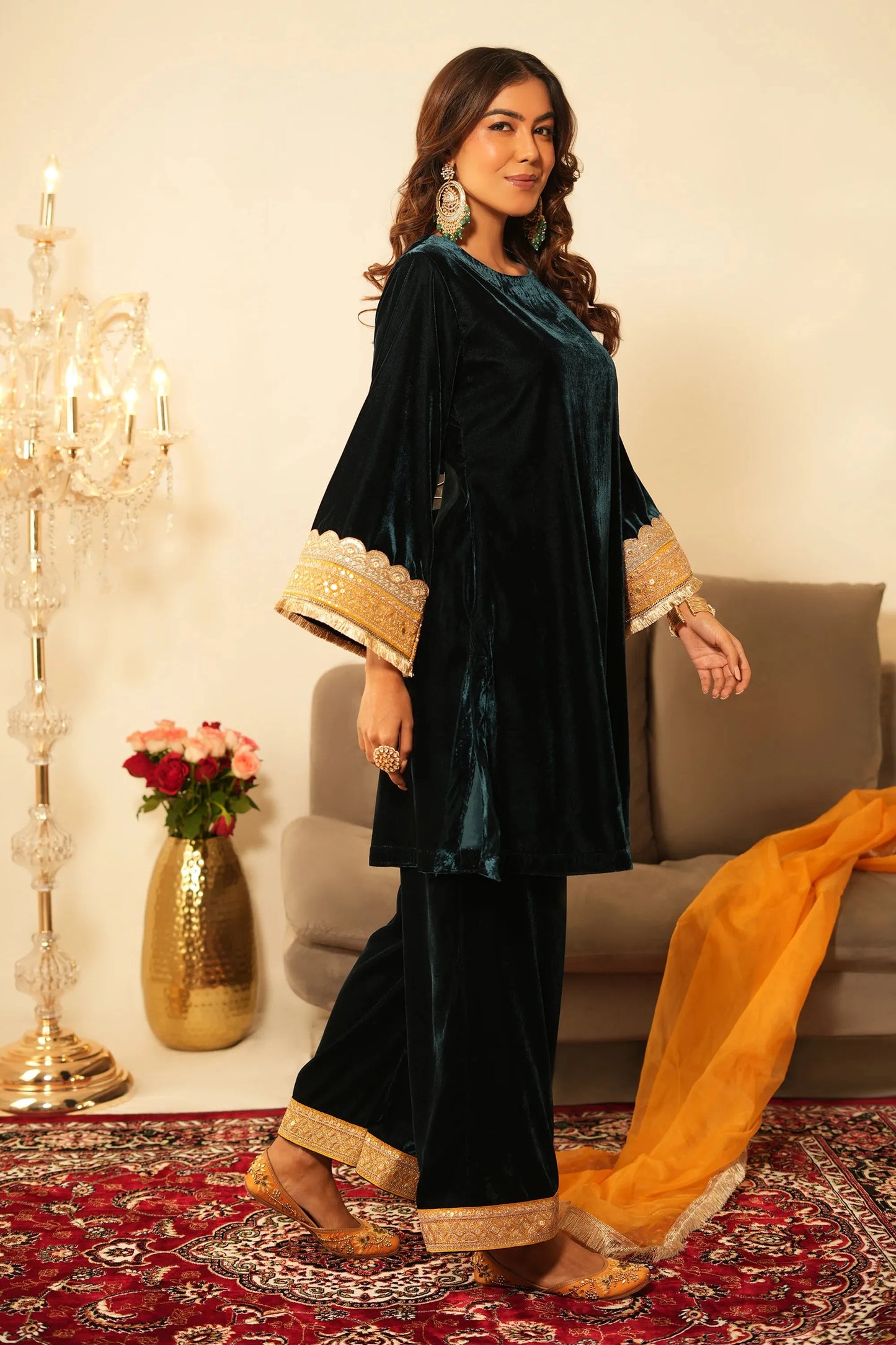 Teal Blue Velvet Kurta with Pant - Set of 2