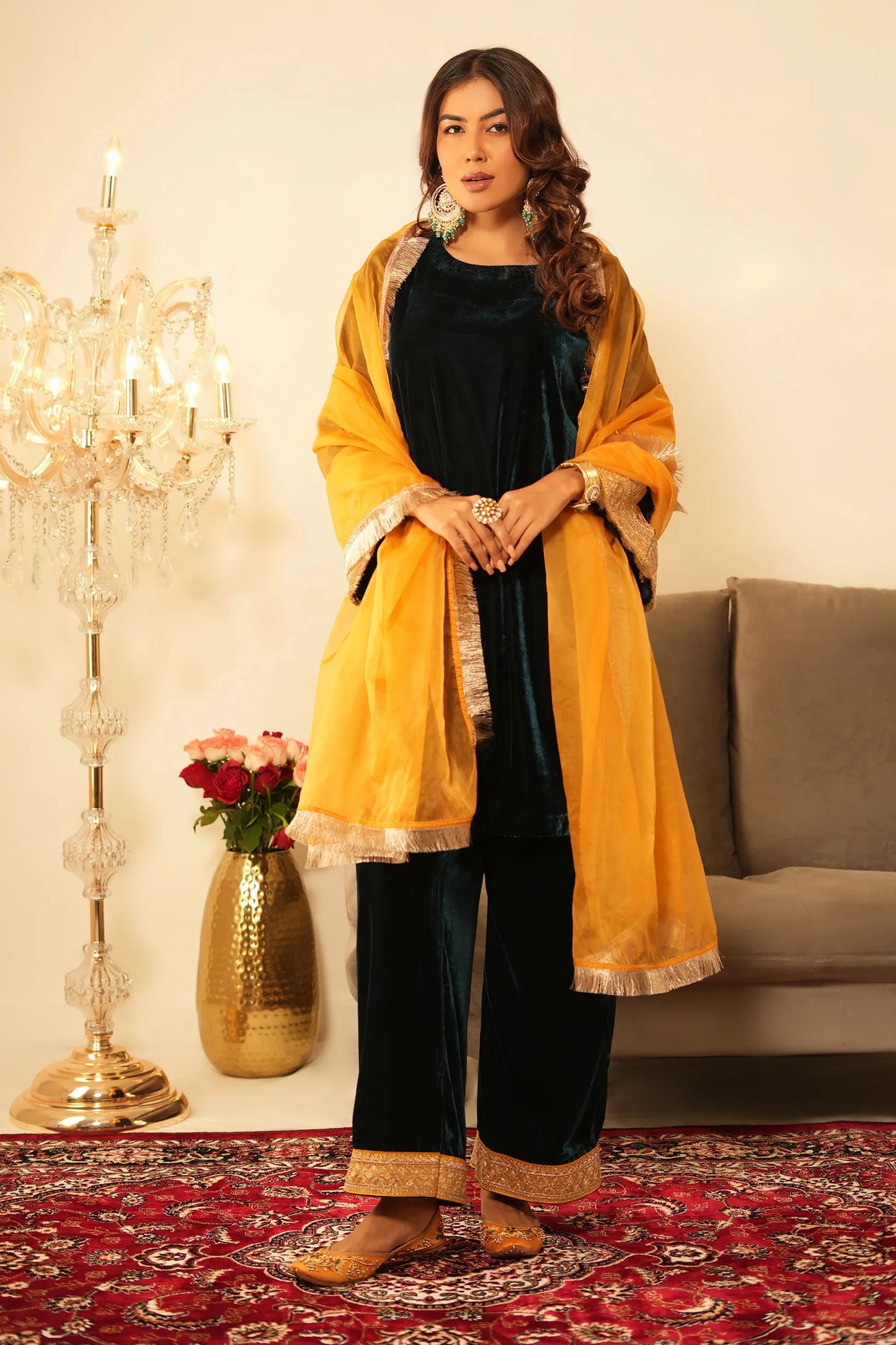 Teal Blue Velvet Kurta with Pant - Set of 2