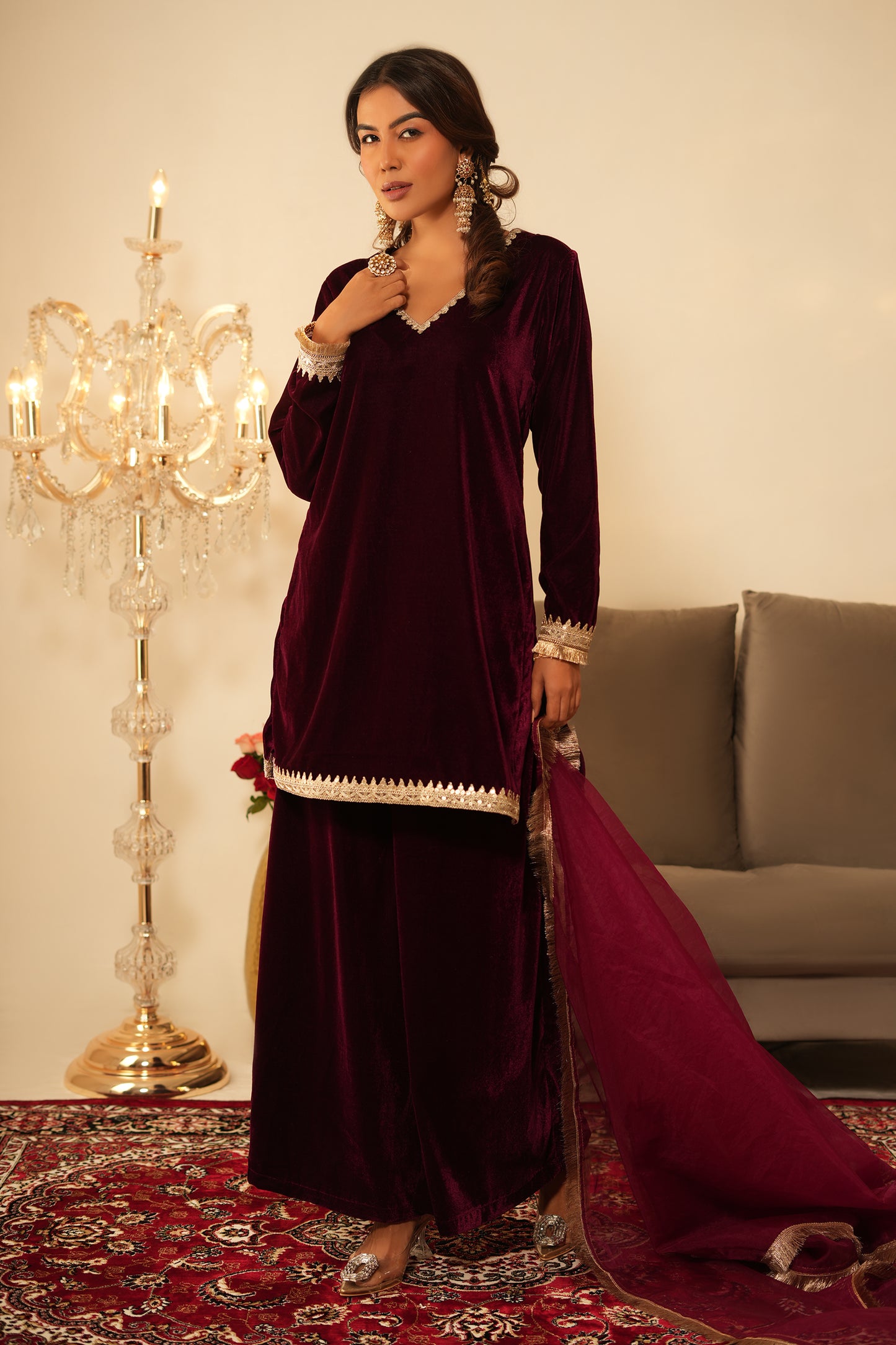 Wine Velvet Sharara - Set of 3