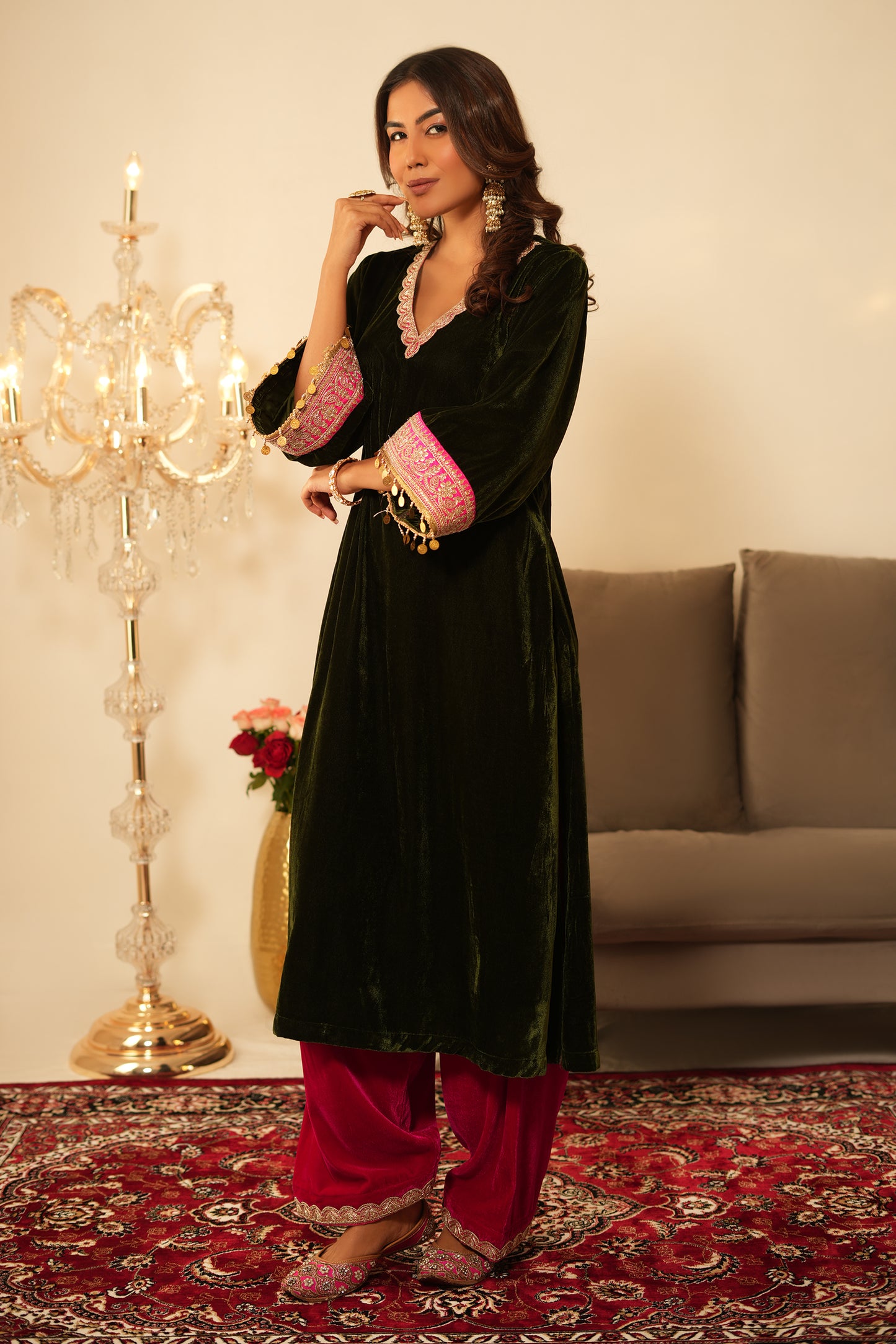 Mehendi Velvet Kurta Set - Set of 2