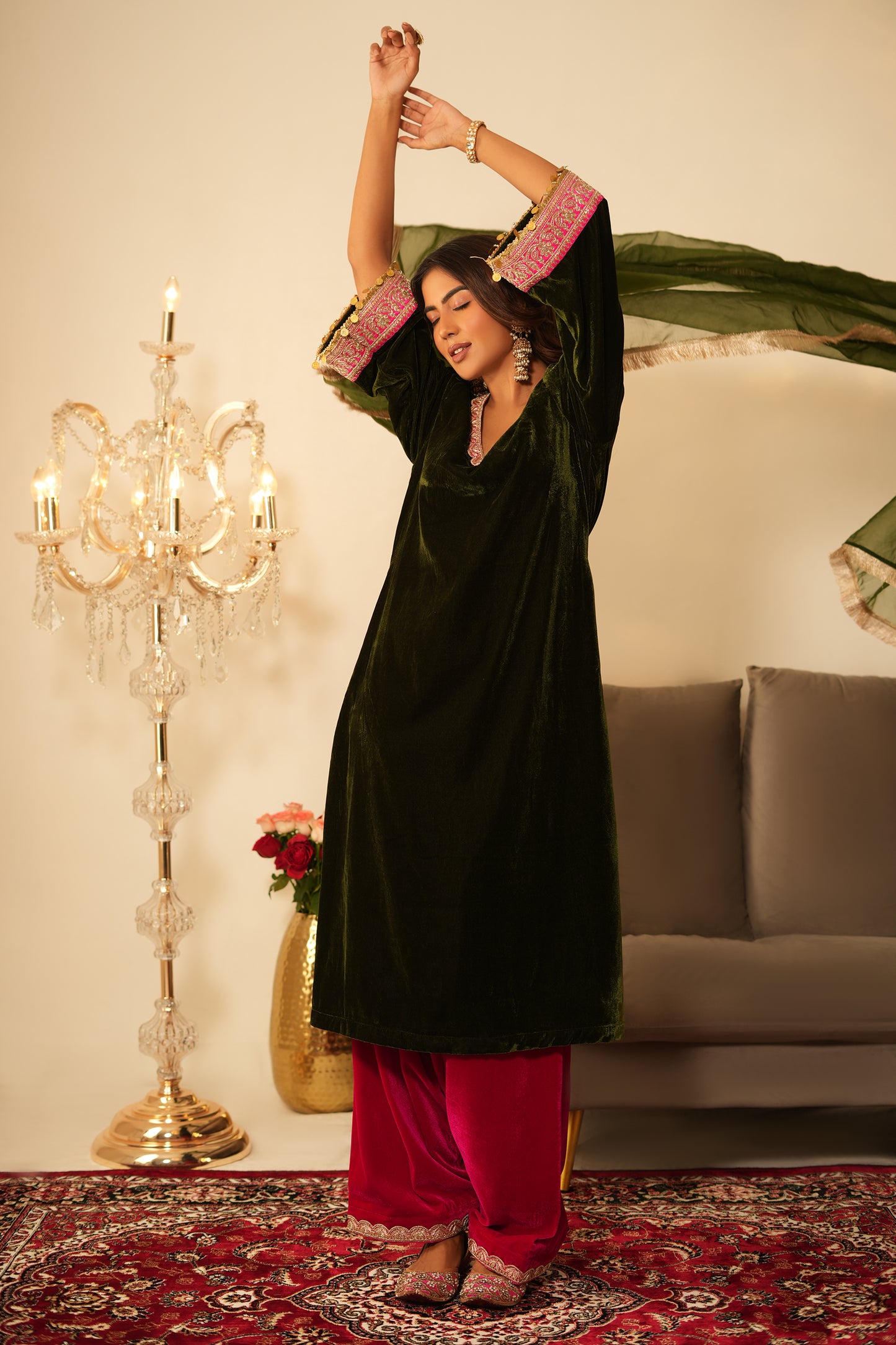 Mehendi Velvet Suit - Set of 3