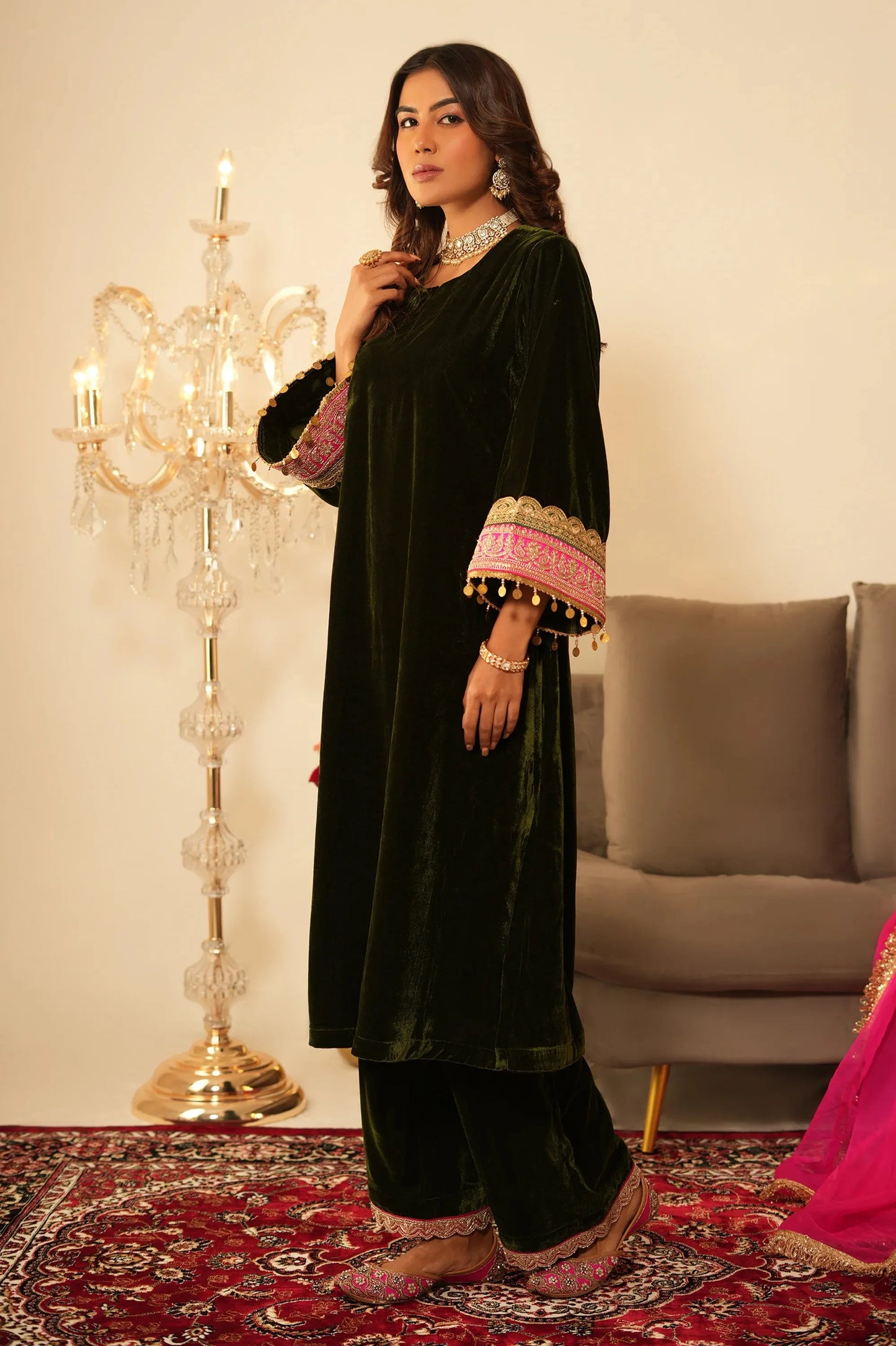Mehendi Velvet Suit - Set of 3