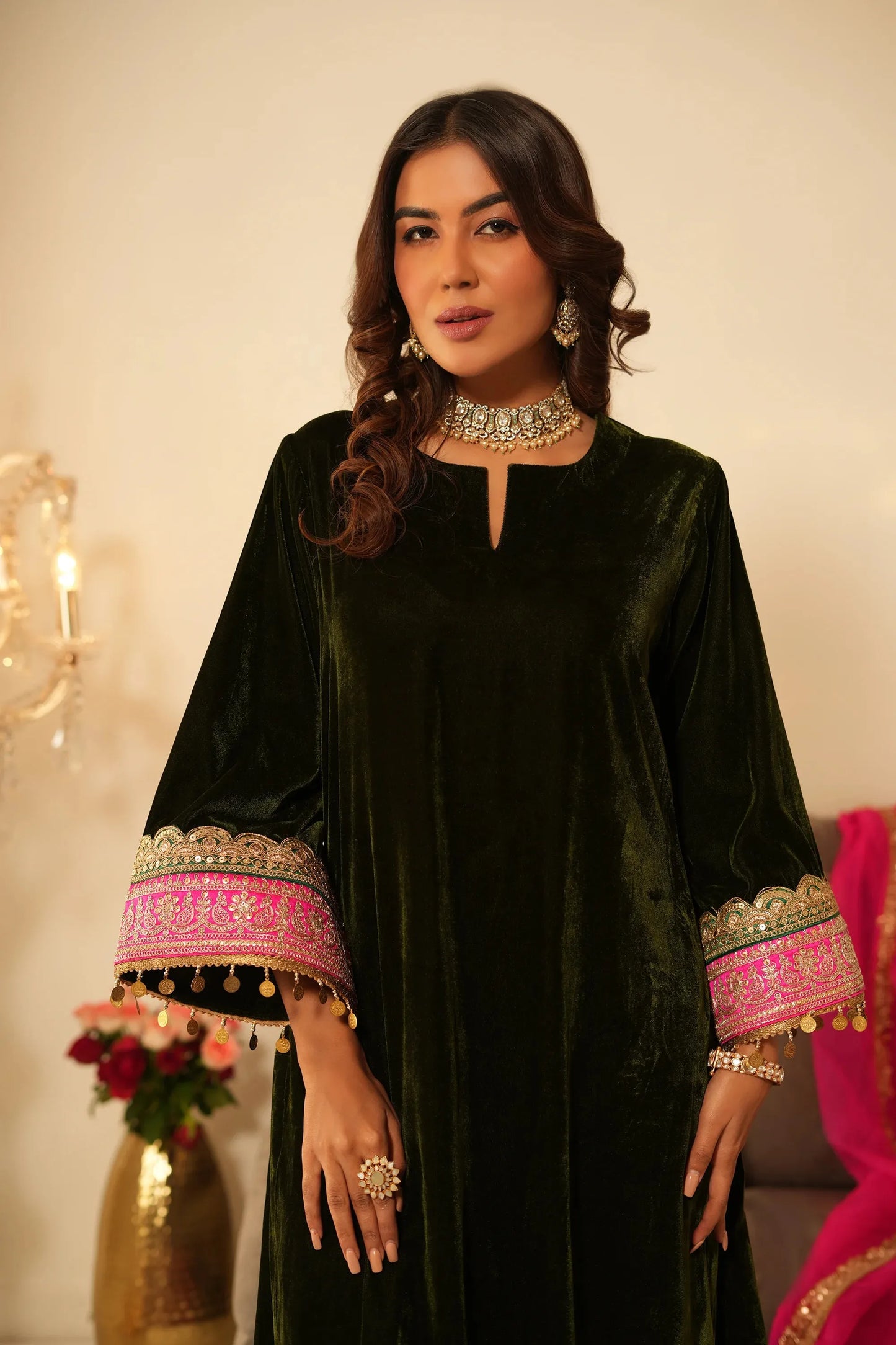 Mehendi Velvet Kurta with Pant - Set of 2