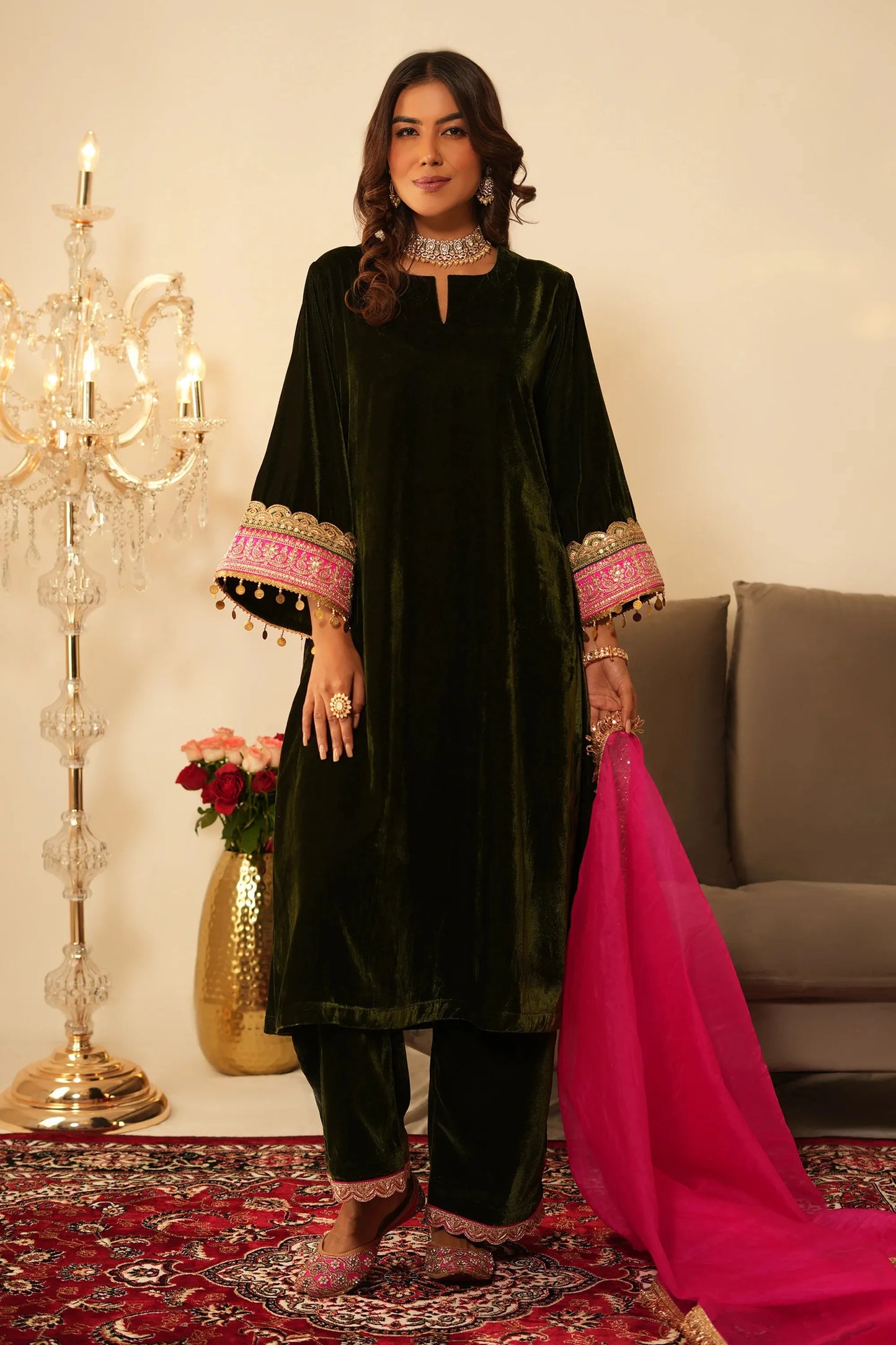 Mehendi Velvet Suit - Set of 3