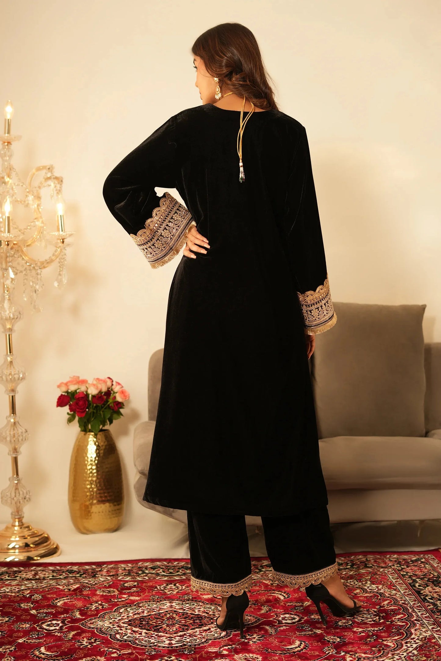 Black Velvet Kurta with Pant - Set of 2