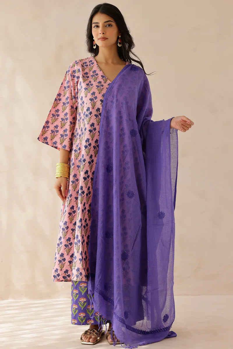 Pink Printed Cotton Suit- Set of 3