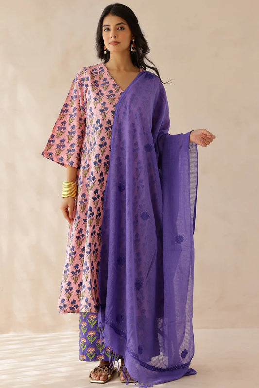 Pink Printed Cotton Suit- Set of 3