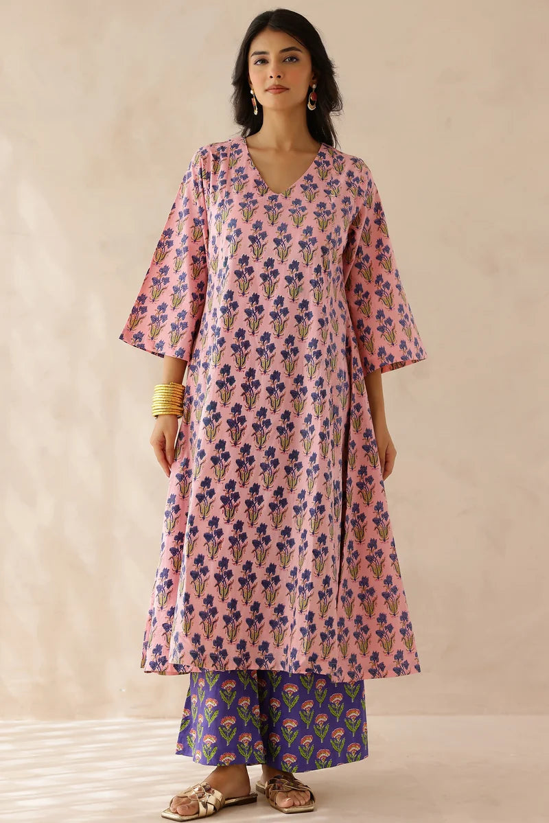 Pink Printed Cotton Suit- Set of 3