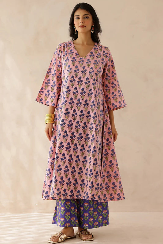 Pink Printed Cotton Kurta and Palazzo- Set of 2