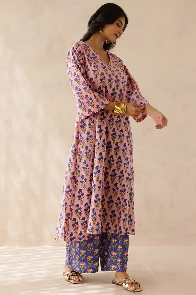 Pink Printed Cotton Kurta and Palazzo- Set of 2